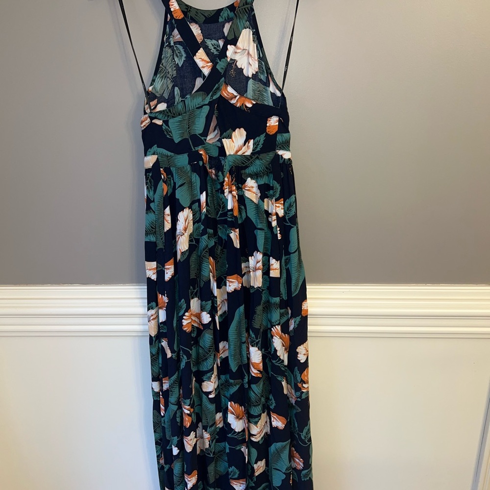 Lulu's Navy Floral Halter Maxi Dress with Green Leaves and Peach Blooms - Picture 6 of 9